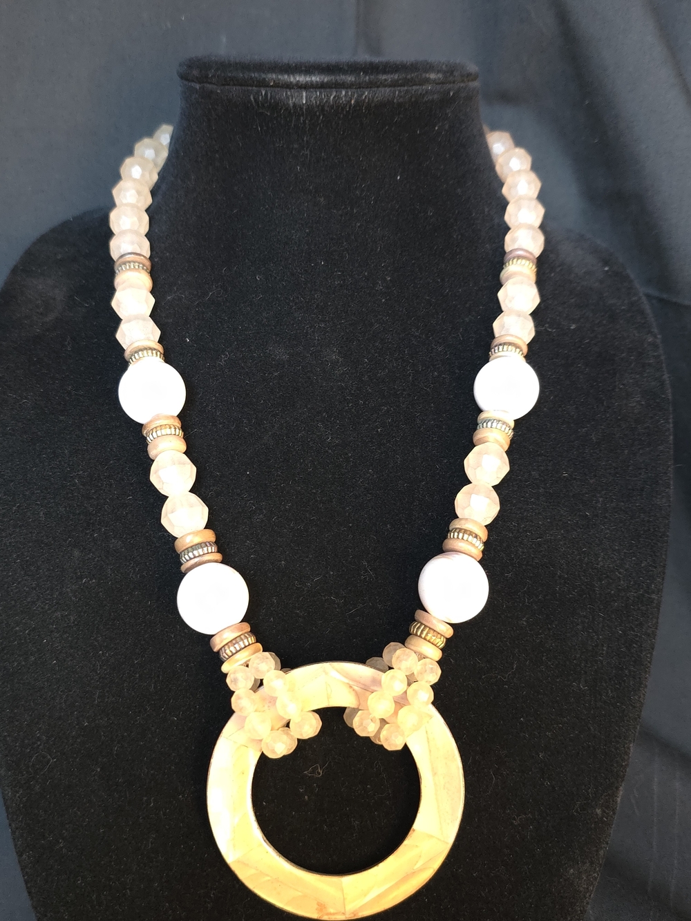 Vintage Cream and Gold Beaded Necklace with Circular Pendant